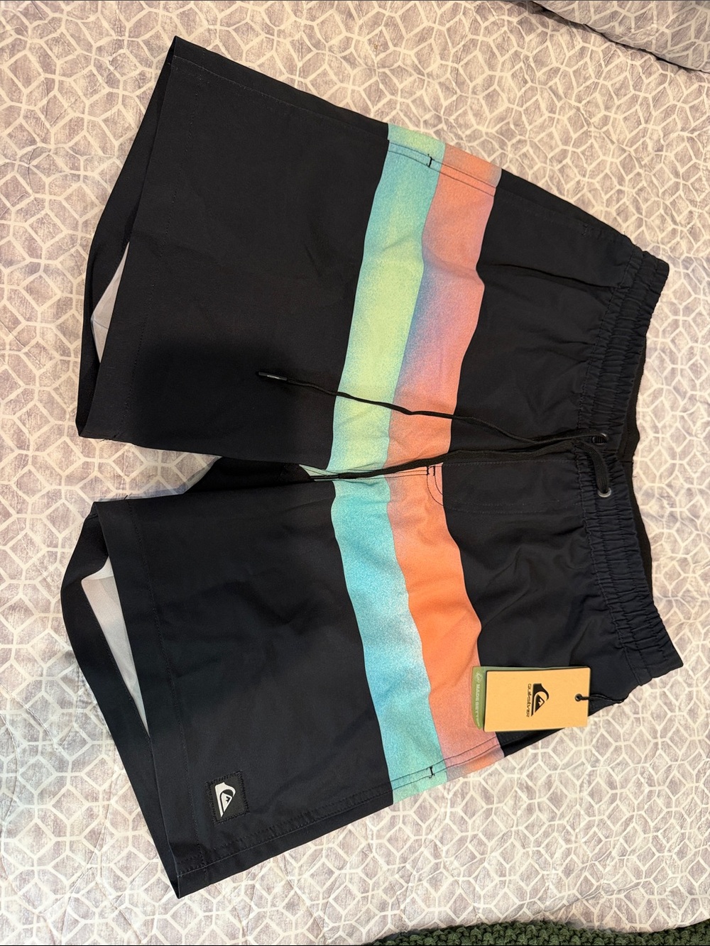 Quiksilver Black Boardshorts with Teal and Coral Stripes